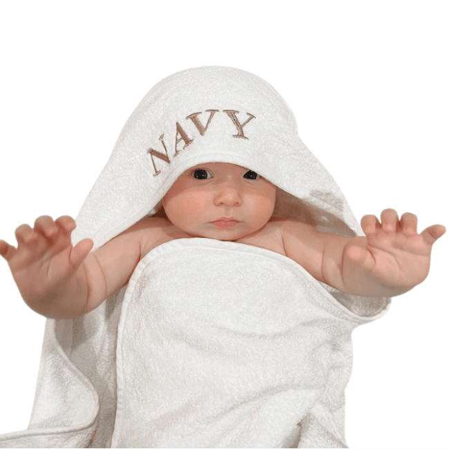 Baby wearing white Personalised Hooded Bath Towel for toddlers