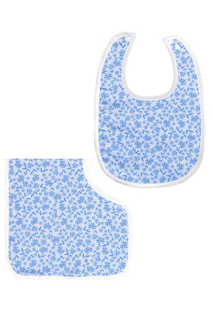 Baby Bib and Burp Cloth Set In Blue Floral Pattern