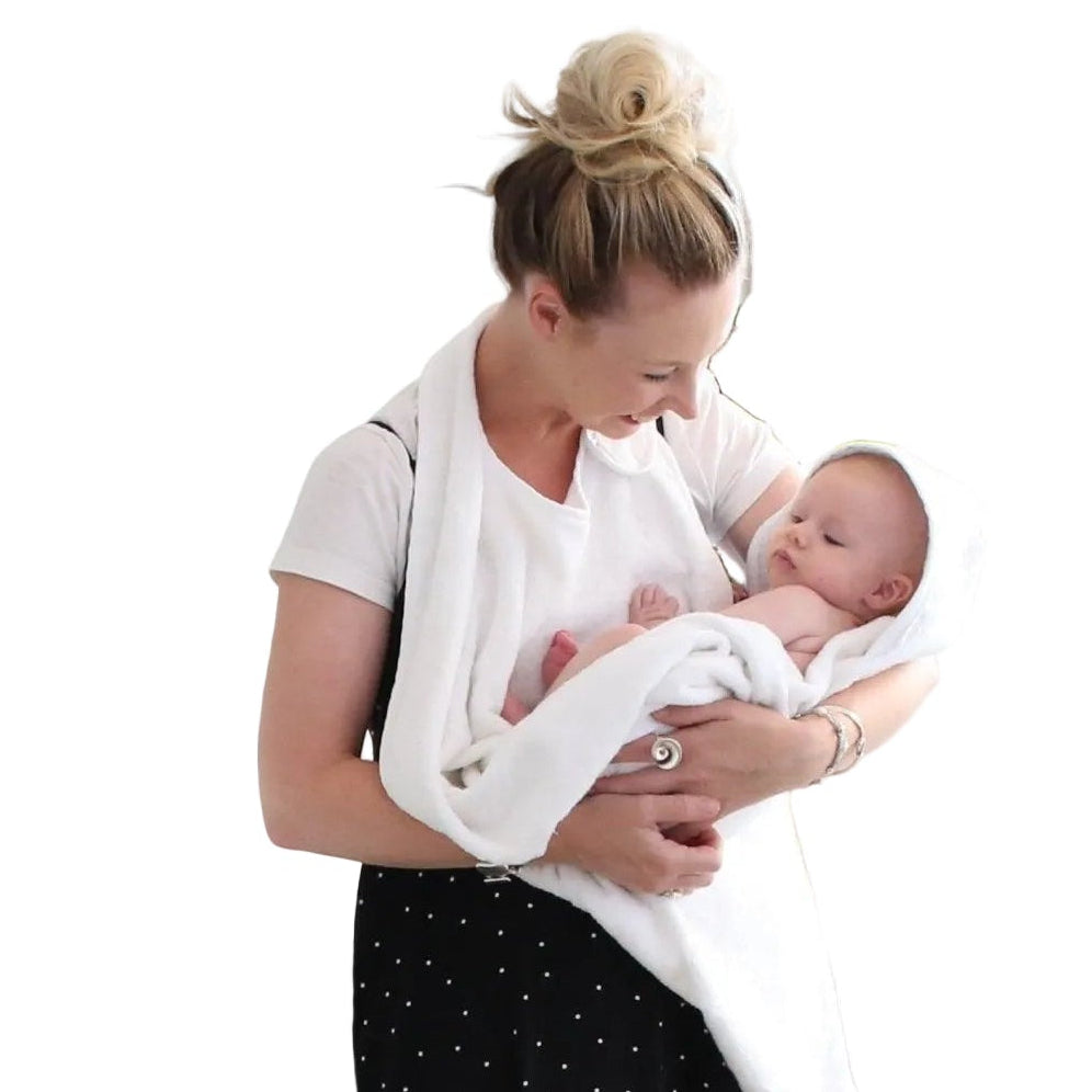Mum and newborn happily using Hands Free Baby Bath Towel